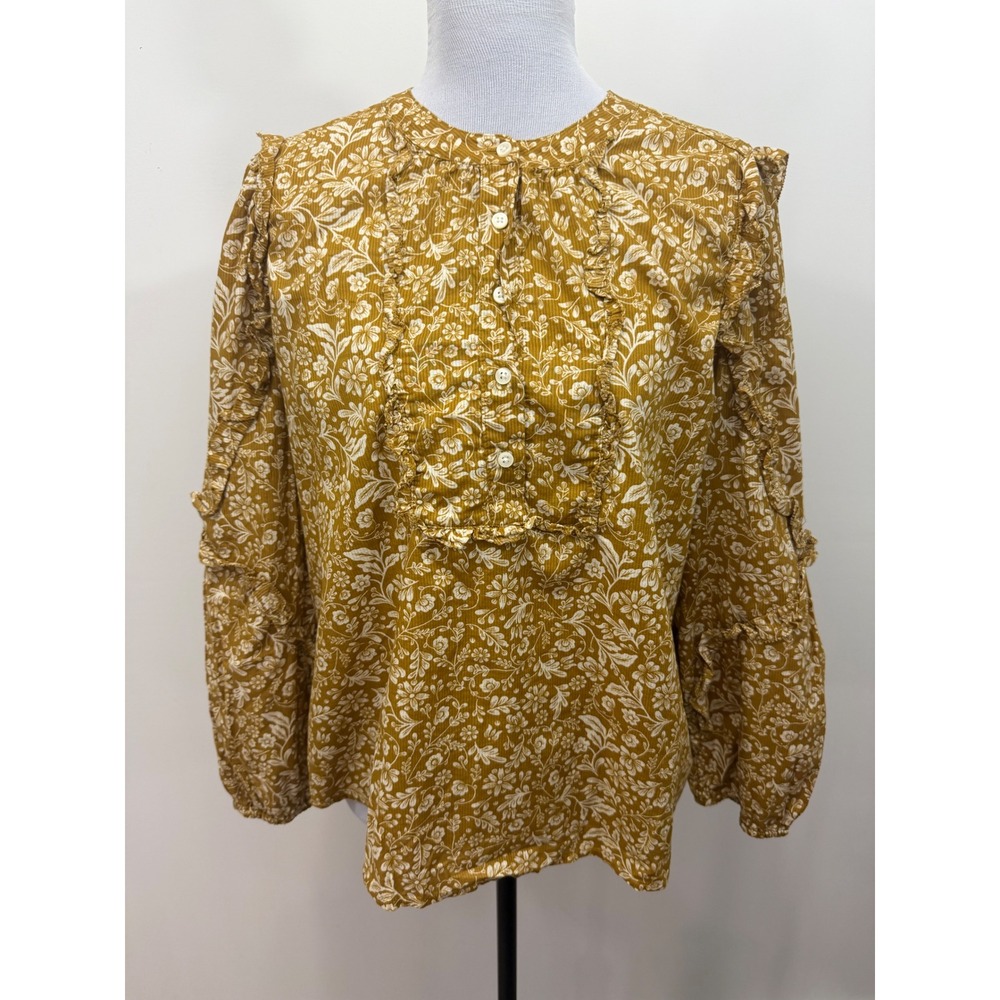J.Crew Floral Ruffle Trim Cotton Blouse Mustard Yellow AE263 Womens Small